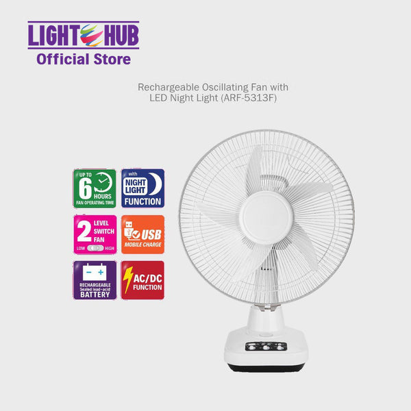 Akari 12'' Rechargeable Oscillating Fan with LED Night Light (ARF-5313F)