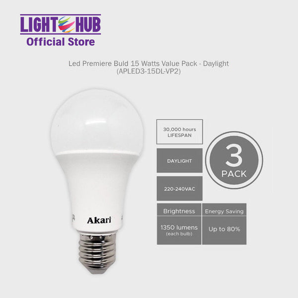 Akari Led Premiere Buld 15 Watts Value Pack - Daylight (APLED3-15DL-VP2)