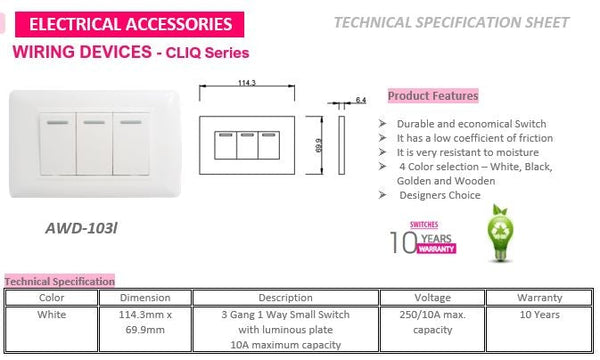 Akari 3 Gang 1 Way Switch (AWD-Z8101-3)