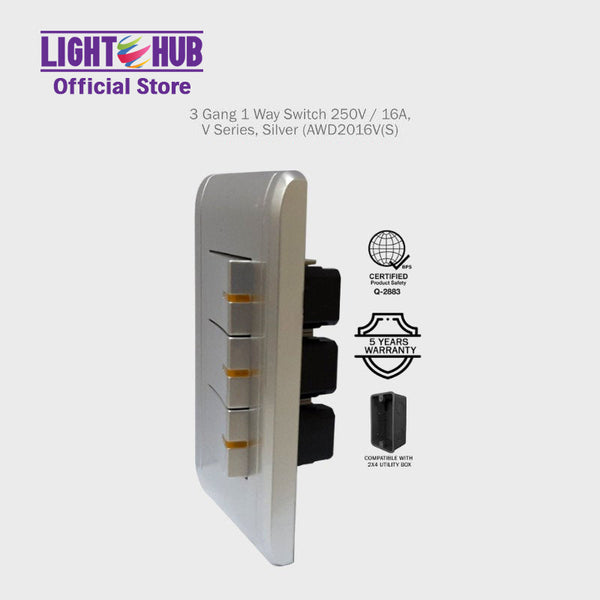 Akari 3 Gang 1 Way Switch Silver (AWD2016V(S))