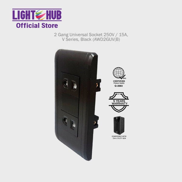 Akari 2 Gang Universal Socket Black (AWD2GUV (B))