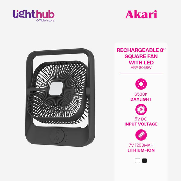 Akari 8" Rechargeable Square Fan w/ LED (ARF-8058) White