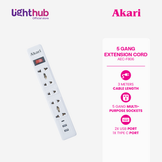 Akari 5 Gang Extension Cord with Surge Protection and Overload protection with Main Switch (AEC-F806)