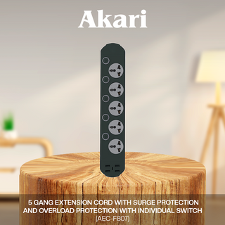 Akari 5 Gang Extension Cord with Surge Protection and Overload protection with Individual Switch (AEC-F807)