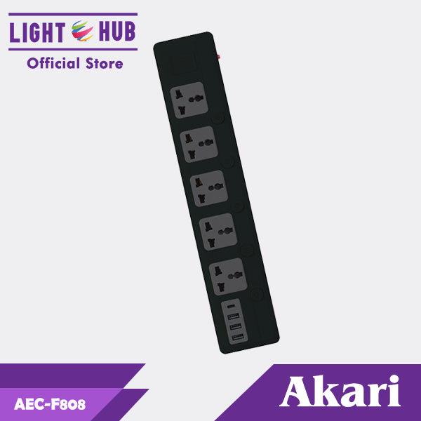 Akari 5 Gang Extension Cord with Individual Switch and USB (AEC-F808)
