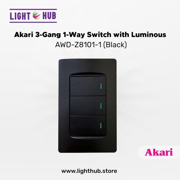 Akari 3 Gang 1 Way Switch with Luminous Black  (AWD-Z8101-3(B))