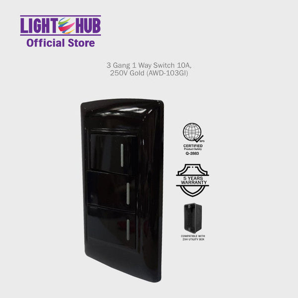 Akari 3 Gang 1 Way Switch Black (AWD-103BI)