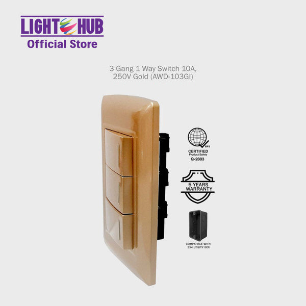Akari 3 Gang 1 Way Switch Gold AWD-103GI